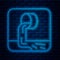 Glowing neon line Wastewater icon isolated on brick wall background. Sewer pipe. From the pipe flowing liquid into the