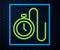 Glowing neon line Watch with a chain icon isolated on brick wall background. Vector