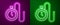 Glowing neon line Watch with a chain icon isolated on purple and green background. Vector