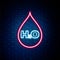 Glowing neon line Water drop with H2O icon isolated on brick wall background. Water formula. Colorful outline concept