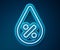 Glowing neon line Water drop percentage icon isolated on blue background. Humidity analysis. Vector