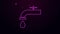 Glowing neon line Water tap with a falling water drop icon isolated on purple background. 4K Video motion graphic