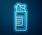 Glowing neon line Weapons oil bottle icon isolated on blue background. Weapon care. Vector