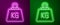 Glowing neon line Weight icon isolated on purple and green background. Kilogram weight block for weight lifting and