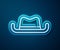 Glowing neon line Western cowboy hat icon isolated on blue background. Vector