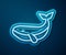 Glowing neon line Whale icon isolated on blue background. Vector