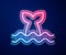 Glowing neon line Whale tail in ocean wave icon isolated on blue background. Vector