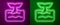 Glowing neon line Whale tail in ocean wave icon isolated on purple and green background. Vector