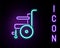 Glowing neon line Wheelchair for disabled person icon isolated on black background. Colorful outline concept. Vector