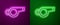 Glowing neon line Whistle icon isolated on purple and green background. Referee symbol. Fitness and sport sign. Vector