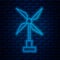 Glowing neon line Wind turbine icon isolated on brick wall background. Wind generator sign. Windmill for electric power