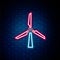 Glowing neon line Wind turbine icon isolated on brick wall background. Wind generator sign. Windmill silhouette