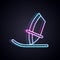 Glowing neon line Windsurfing icon isolated on black background. Vector