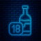 Glowing neon line Wine bottle icon isolated on brick wall background. Age limit for alcohol. Vector