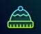Glowing neon line Winter hat icon isolated on black background. Vector