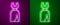 Glowing neon line Woman dress icon isolated on purple and green background. Clothes sign. Vector