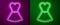 Glowing neon line Woman dress icon isolated on purple and green background. Clothes sign. Vector