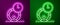 Glowing neon line Wooden barrel for wine icon isolated on purple and green background. Aging of wine in a barrel. Vector