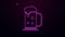 Glowing neon line Wooden beer mug icon isolated on purple background. 4K Video motion graphic animation