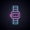 Glowing neon line Wrist watch icon isolated on black background. Wristwatch icon. Vector