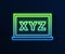 Glowing neon line XYZ Coordinate system on chalkboard icon isolated on blue background. XYZ axis for graph statistics