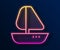 Glowing neon line Yacht sailboat or sailing ship icon isolated on black background. Sail boat marine cruise travel