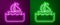 Glowing neon line Yacht sailboat or sailing ship icon isolated on purple and green background. Sail boat marine cruise