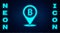 Glowing neon Location bitcoin icon isolated on brick wall background. Physical bit coin. Blockchain based secure crypto