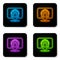 Glowing neon Location farm house icon isolated on white background. Black square button. Vector