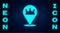 Glowing neon Location king crown icon isolated on brick wall background. Vector