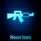 Glowing neon M16A1 rifle icon isolated on brick wall background. US Army M16 rifle. Vector