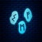 Glowing neon Magic runes icon isolated on brick wall background