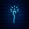 Glowing neon Magic staff icon isolated on brick wall background. Magic wand, scepter, stick, rod