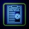 Glowing neon Medical clipboard with blood test results icon isolated on blue background. Clinical record, medical check