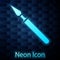 Glowing neon Medical surgery scalpel tool icon isolated on brick wall background. Medical instrument. Vector