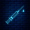 Glowing neon Medical syringe with needle and drop icon isolated on brick wall background. Syringe sign for vaccine