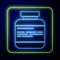 Glowing neon Medicine bottle and pills icon isolated on blue background. Medical drug package for tablet, vitamin