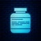 Glowing neon Medicine bottle and pills icon isolated on brick wall background. Medical drug package for tablet, vitamin