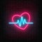 Glowing neon medicine concept sign with cardiogram graph in heart shape on a brick wall background.