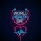 Glowing neon medicine concept sign with cardiogram graph in heart shape. World Health Day banner, symbol