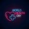 Glowing neon medicine concept sign with medicine cross in heart shape. World Health Day banner, symbol