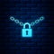Glowing neon Metal chain and lock icon isolated on brick wall background. Padlock and steel chain. Vector