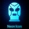 Glowing neon Mexican wrestler icon isolated on brick wall background. Vector