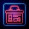 Glowing neon Military ammunition box with some ammo bullets icon isolated on blue background. Vector