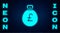 Glowing neon Money bag with pound icon isolated on brick wall background. Pound GBP currency symbol. Vector