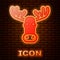 Glowing neon Moose head with horns icon isolated on brick wall background. Vector