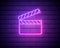 Glowing neon Movie clapper icon isolated on brick wall background. Film clapper board icon. Clapperboard sign. Cinema