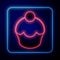 Glowing neon Muffin icon isolated on black background. Vector