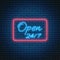 Glowing neon open 24 7 bright sign in rectangle frame. Open shop, store or bar icon, text, banner in neon style