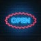 Glowing neon open 24-7 sign in ellipse frame. Open shop, store or bar icon, text, banner in neon style